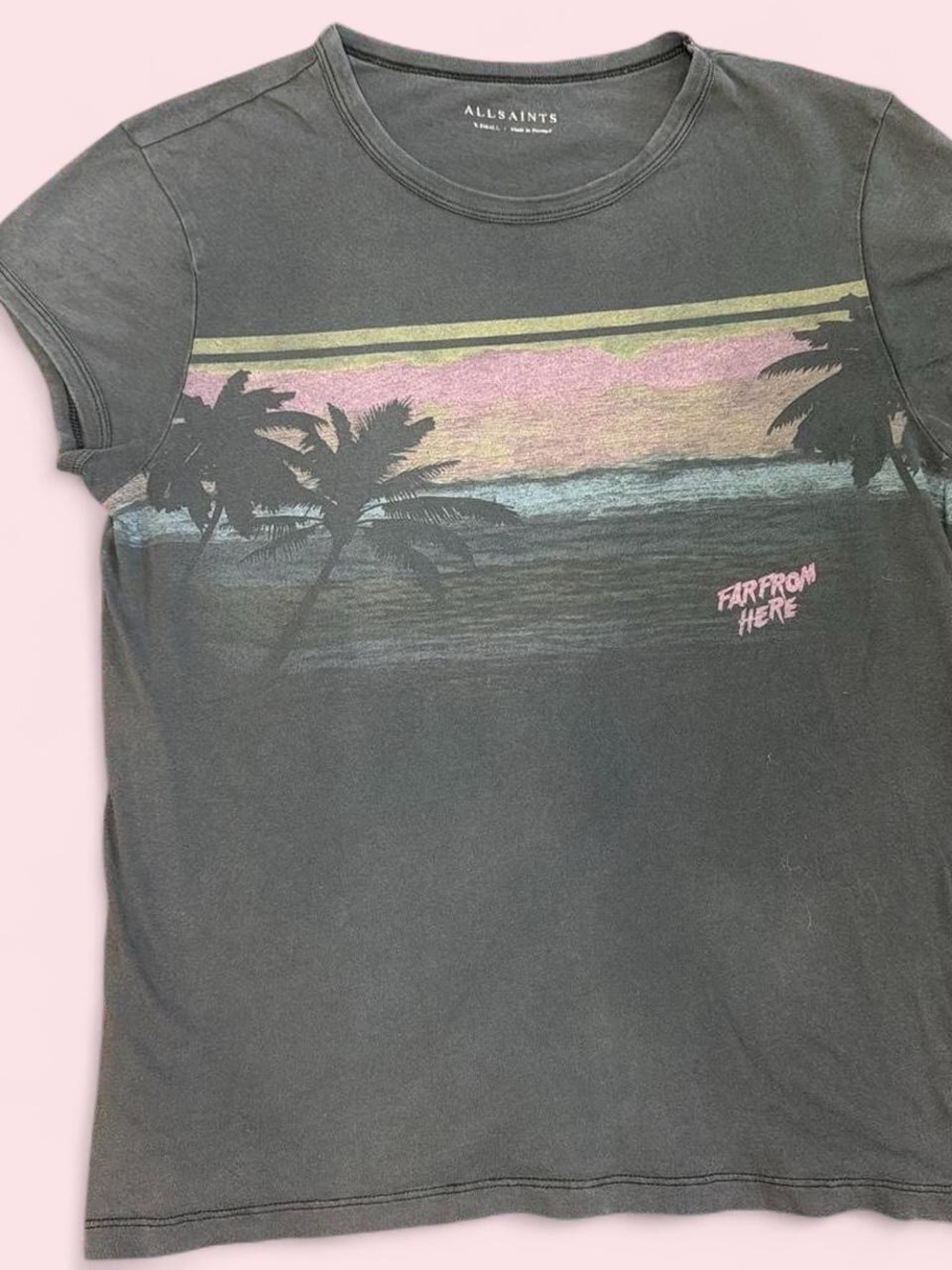 All Saints Palm Sunset Graphic Tee in Charcoal with Pink Accents